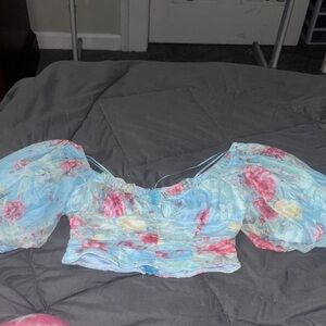 Fashion Nova Floral Puff Sleeve Blouse - Blue and Pink